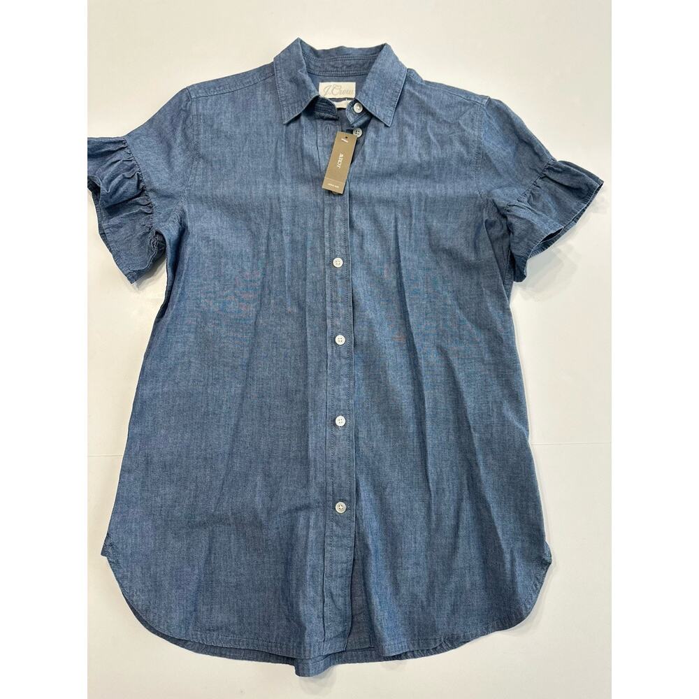J Crew Womens Blue Chambray Ruffle Sleeve Classic Button Down Shirt Size 0 NWT